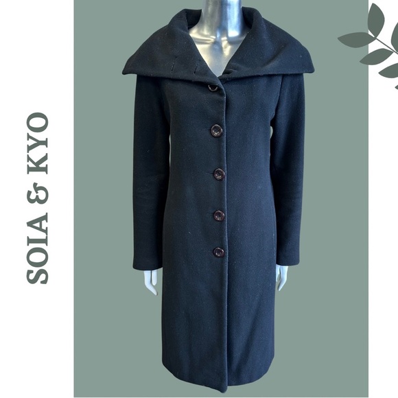 Soia & Kyo Black Wool Blend Slim Dress Coat Oversized Collar lined Size Medium - Picture 1 of 8